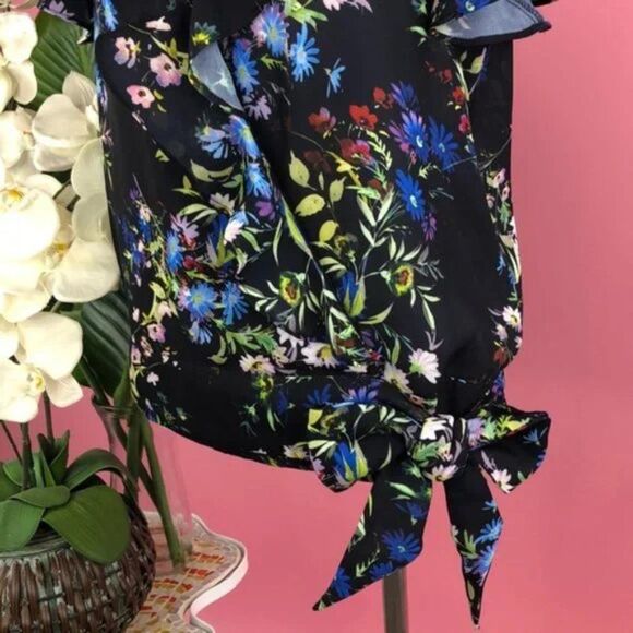 Parker Floral Flutter Sleeve Wrap Style Black Top NWT - Picture 2 of 9